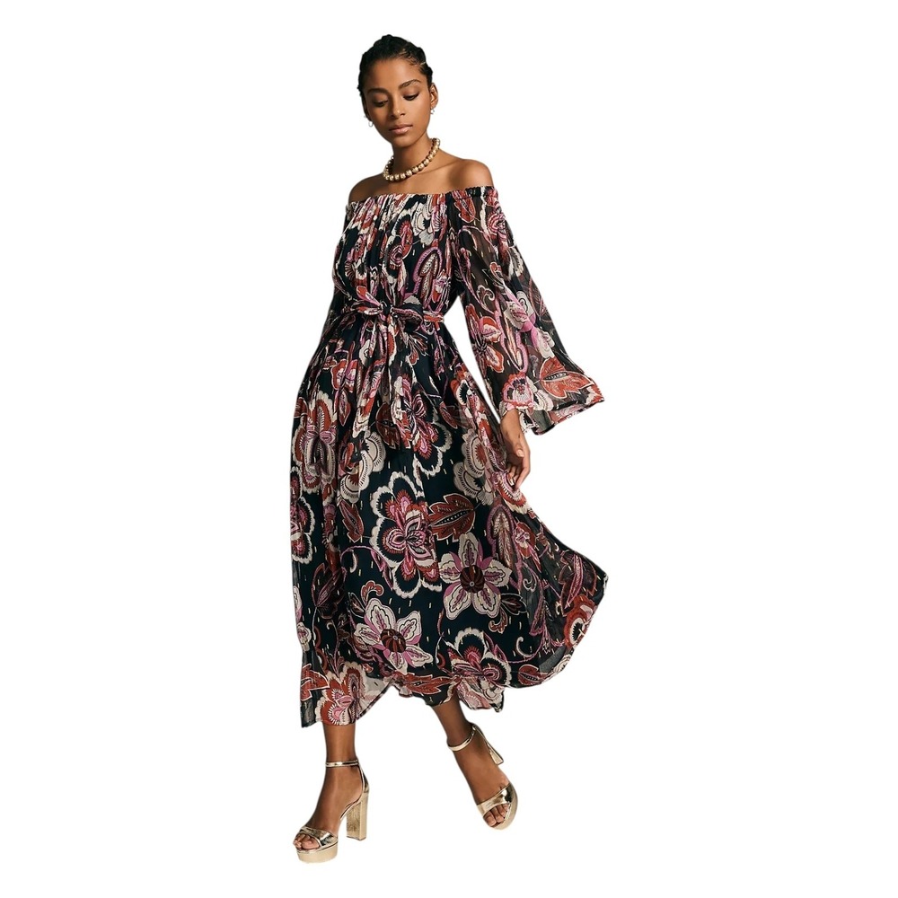 Anthropologie Paisley Floral Maxi Dress Metallic Bell Sleeve Boho Romantic Small